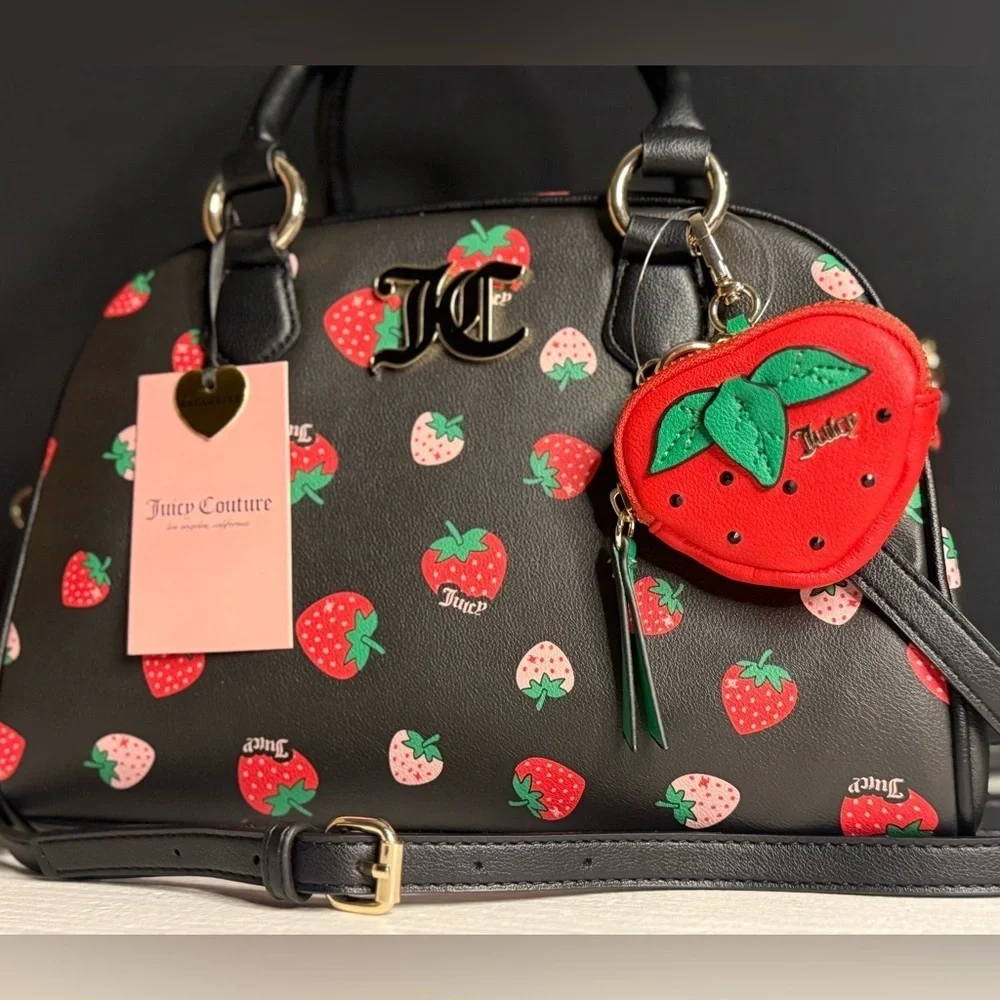 Juicy Couture Sweet N Juicy Strawberry Bowler Bag Black With Coin Pouch NWT